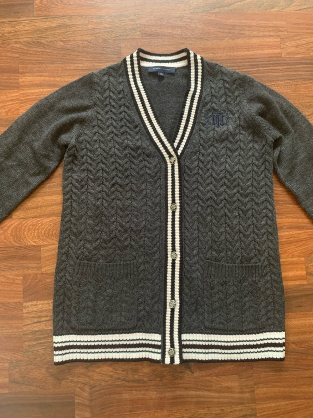 Tommy Hilfiger Women’s Med Cardigan Preppy Gray Cable-Knit Button Down RN 54163